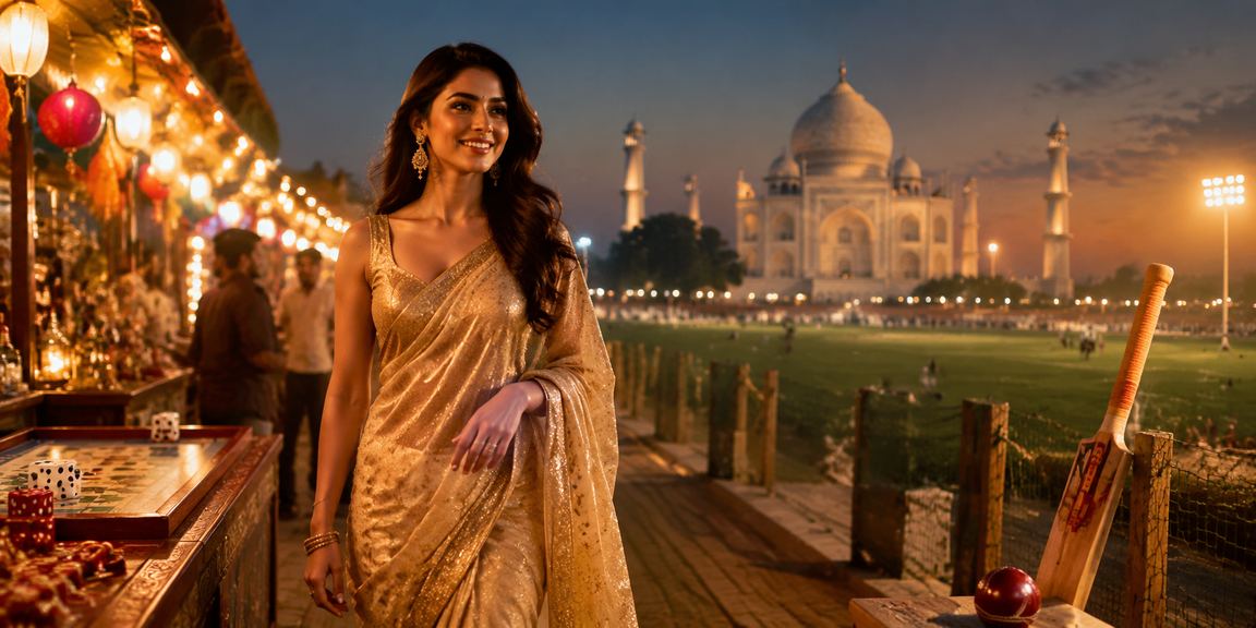 Night scene of Taj Mahal with cricket betting atmosphere