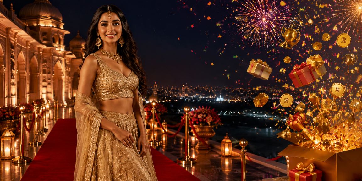 Indian woman dressed in traditional lehenga placing online cricket bets