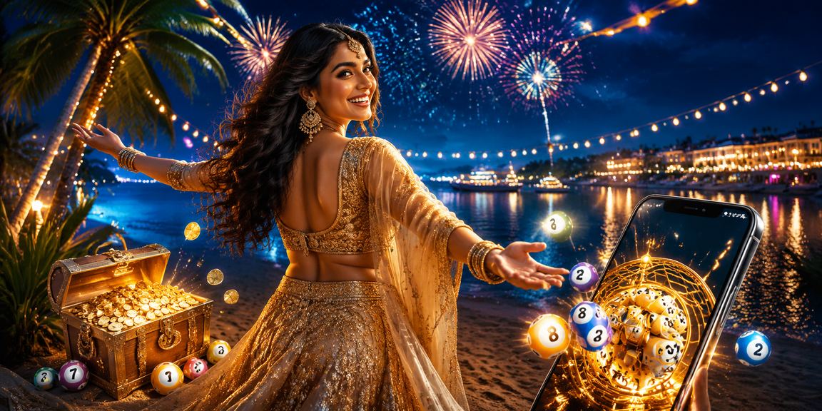 Indian woman dressed in traditional lehenga choosing lottery numbers on mobile